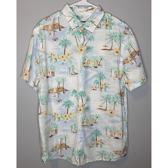Express Slim Soft Wash Shirt Large Button Down Collared Palm Tree Tropical - Picture 1 of 4